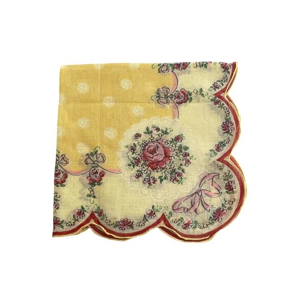 1960s Yellow Red Pink Blooming Rose Flower Scallop Edge Lady’s Handkerchief - Picture 4 of 8